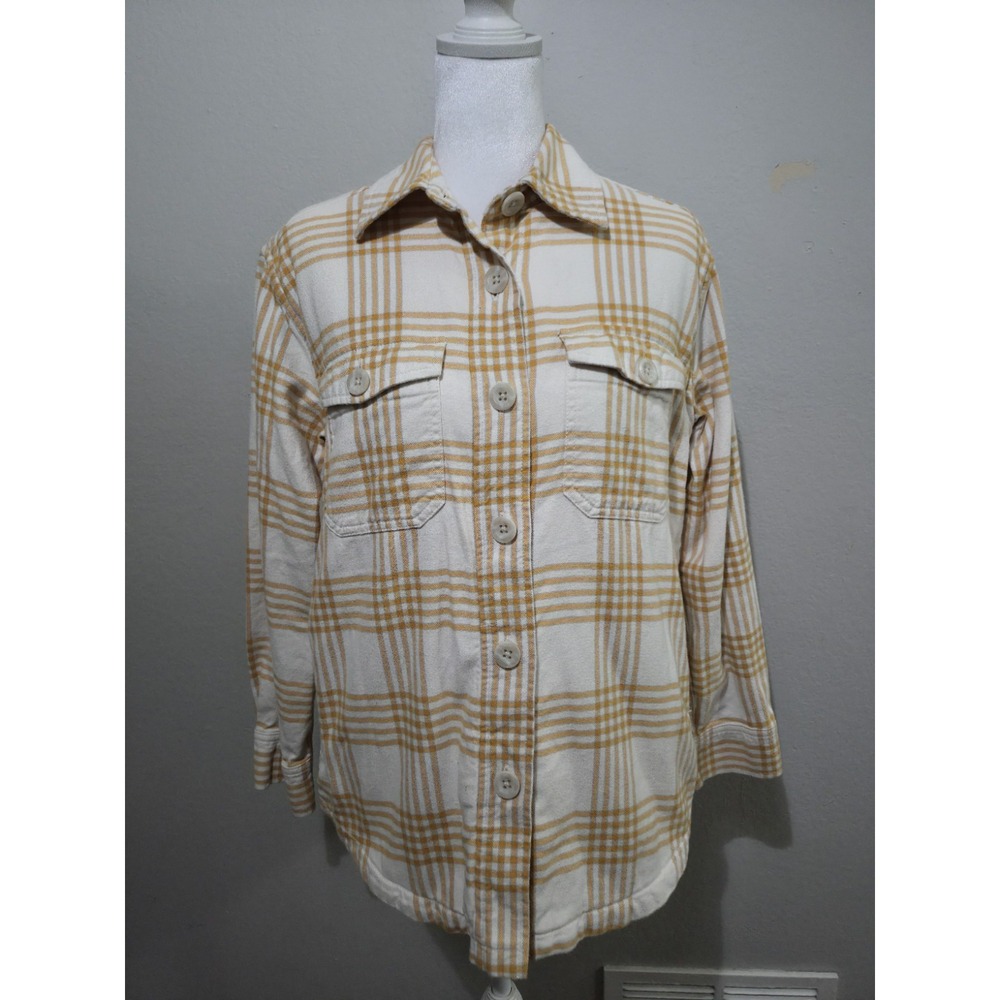 Eddie Bauer Shacket Womens Petite Small Yellow Plaid Sherpa Lined Flannel Jacket
